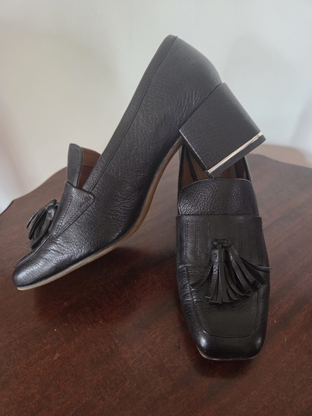 Franco Sarto Black Leather Tassel Block Heel Loafers